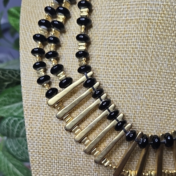 Chico's 3 Strand Gold Tone and Black Beaded Statement Necklace - Picture 6 of 8